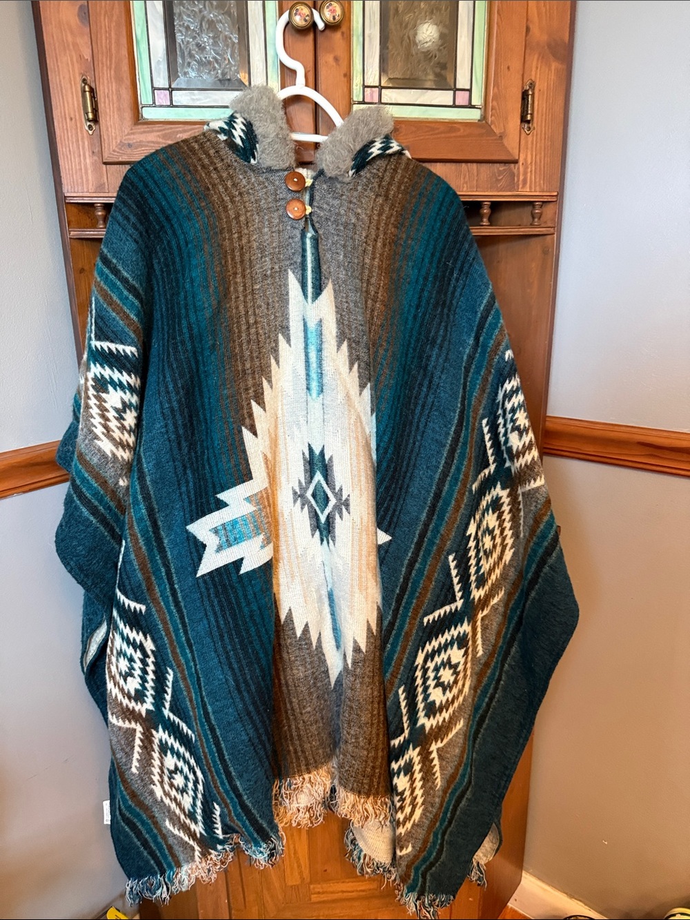 Y2K Tejidos Ruiz Hooded Southwestern open side Poncho W/fringe OS